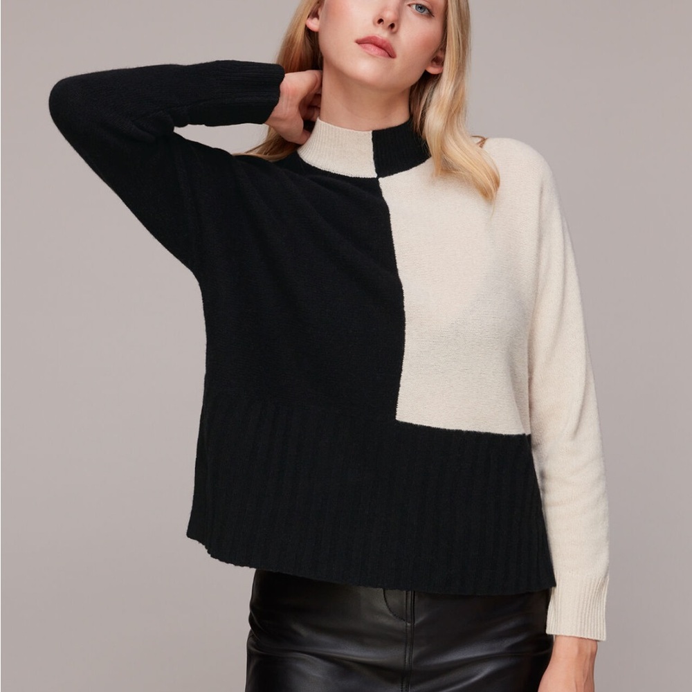 Whistles Black Checkerboard Wool Sweater Colorblock Turtleneck - Black and Cream